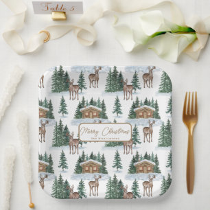 Waterverf Winter Wonderland Rustieke Schuur Kerstm Papieren Bordje