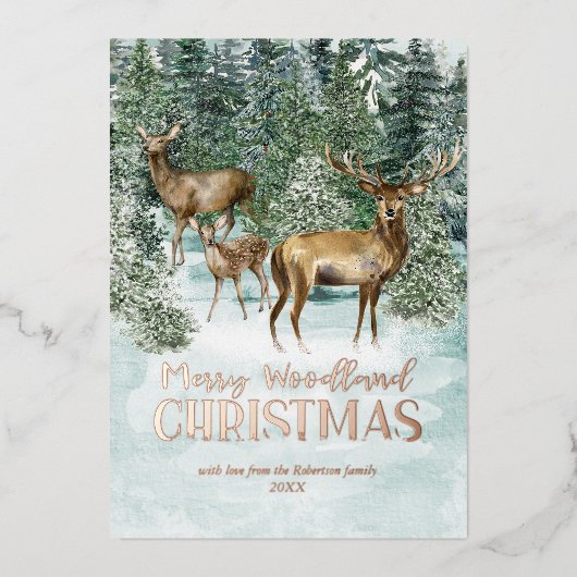 Waterverf Winter Woodland Christmas Roos Gold Folie Feestdagenkaart (Voorkant)