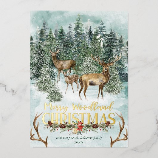 Waterverf Winter Woodland Kerstdeer Folie Feestdagenkaart (Voorkant)