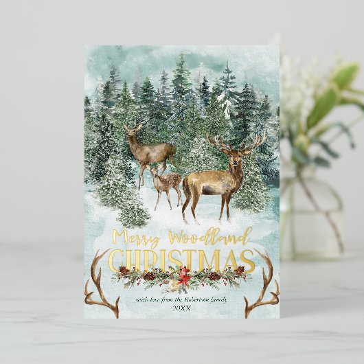 Waterverf Winter Woodland Kerstdeer Folie Feestdagenkaart (Staand Voorkant)