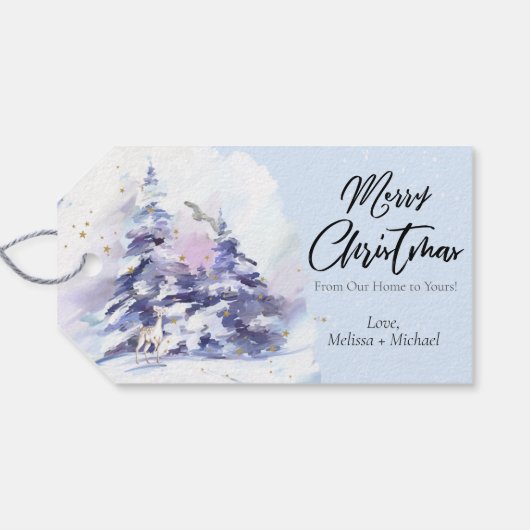 Waterverf Winter Woodland Merry Kerstry Cadeaulabel (Achterkant Horizontaal)