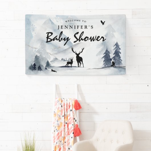 Waterverf Winter Woodland Mountains Baby shower Spandoek (Insitu)