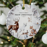 Waterverf Winter Woodland Wildlife 1e Kerstmis Keramisch Ornament<br><div class="desc">Het ornament 'Eerste Kerstmis'. Ons ontwerp is voorzien van een waterverf,  botanisch bladerblad met realistische waterverf dieren (herten,  vossen,  hazen,  sneeuwvos,  uil en robin),  naam en jaar.</div>