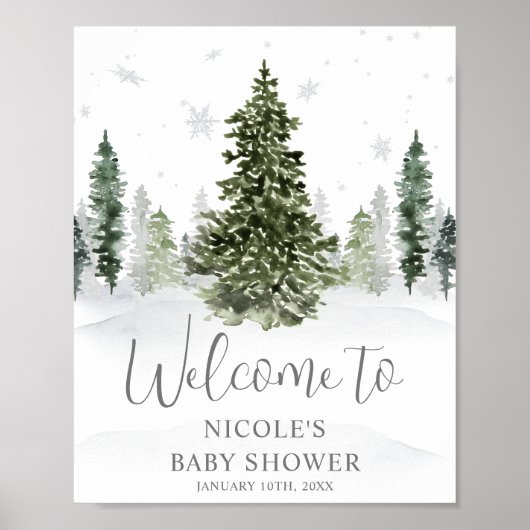 Waterverf Winter Woud Grijs Baby Shower Welkom Poster (Voorkant)