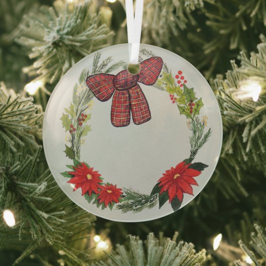 Waterverf Winter Wreath met Poinsettia en Bow G Glas Ornament (Insitu)