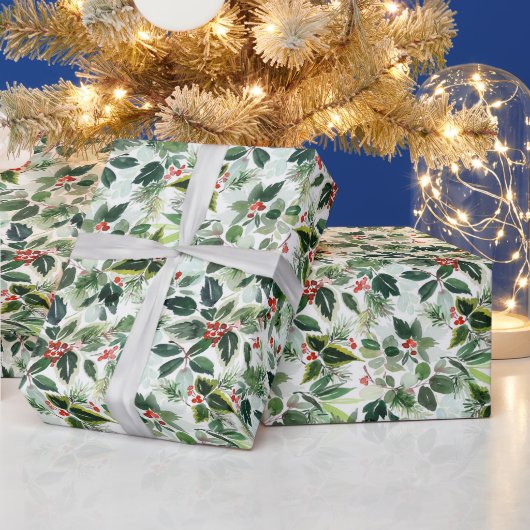 Waterverf Winterberry bonte bladeren Kerst Cadeaupapier (Feestdagen)