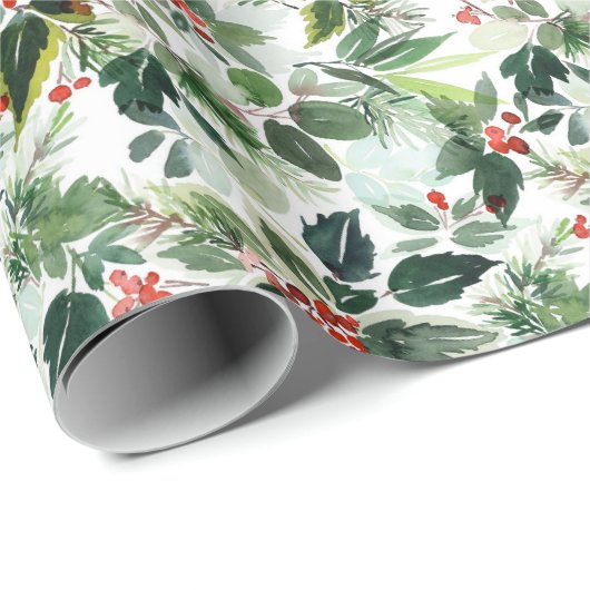 Waterverf Winterberry bonte bladeren Kerst Cadeaupapier (Rol Hoek)