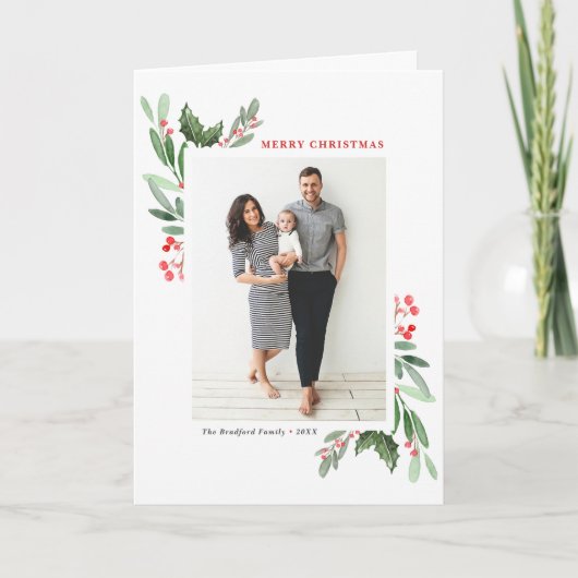 Waterverf Winterberry en Holly Foto Kerst Feestdagen Kaart (Voorkant)