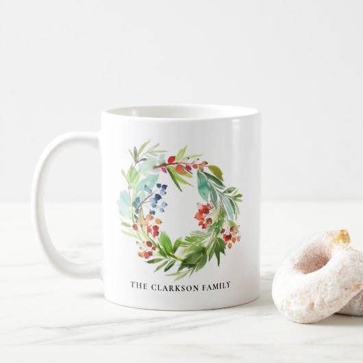 Waterverf Winterberry Holly en Juniper Christmas Koffiemok (Met donut)