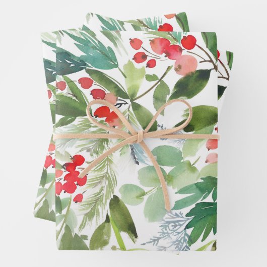 Waterverf Winterberry Holly Pattern Christmas Inpakpapier Vel (In situ)