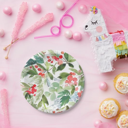 Waterverf Winterberry Holly Pattern Christmas Papieren Bordje (Feest)