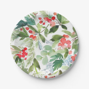 Waterverf Winterberry Holly Pattern Christmas Papieren Bordje