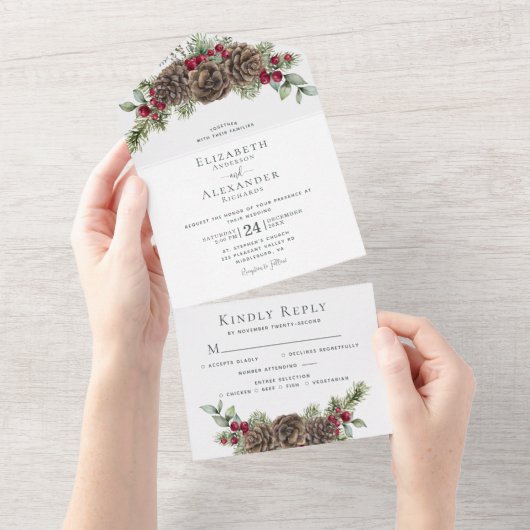 Waterverf winterbessen dennen elegante bruiloft all in one uitnodiging (Afscheurbaar)