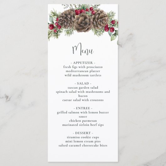 Waterverf Winterbessen Pine Kerstbruiloft Menu (Voorkant)