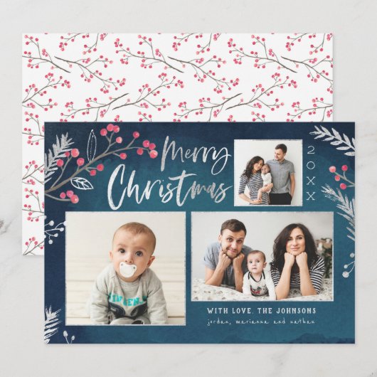 Waterverf winterbessen Silver Foil Pine Feestdagenkaart (Voorkant / Achterkant)