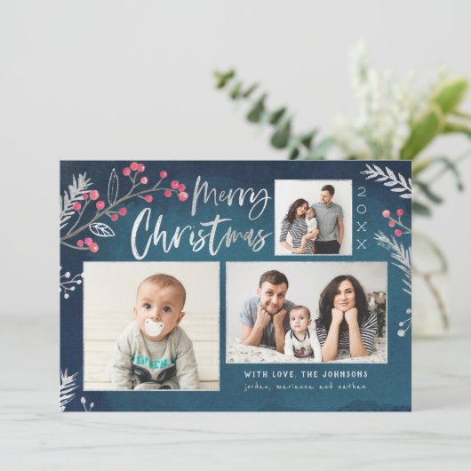 Waterverf winterbessen Silver Foil Pine Feestdagenkaart (Staand voorkant)