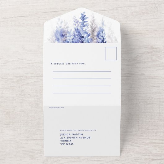 Waterverf winterblauwe avond receptie bruiloft all in one uitnodiging (Buitenkant)