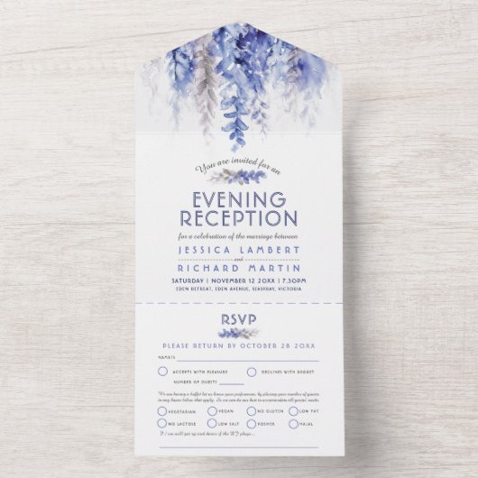 Waterverf winterblauwe avond receptie bruiloft all in one uitnodiging (Binnen)