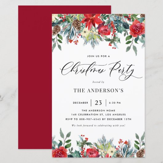 Waterverf Winterbloemen Kerstfeest Uitnodigen (Voorkant / Achterkant)