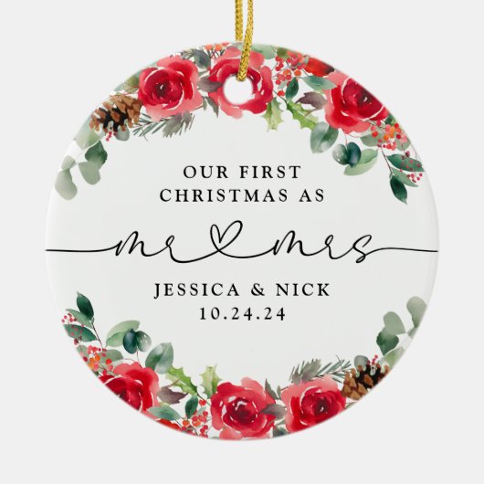 Waterverf winterbloemen Pas getrouwd eerste kerst Keramisch Ornament (Voorkant)