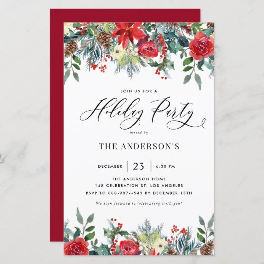 Waterverf Winterbloemen Vakantie Feestuitnodiging (Voorkant / Achterkant)