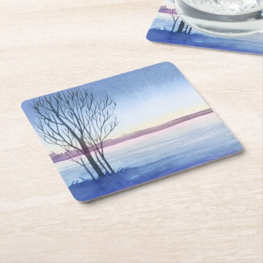 Waterverf winterboom, herbruikbaar meer, bevroren kartonnen onderzetters (Schuin)