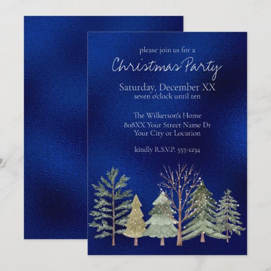 Waterverf Winterbos bij Nachtbomen op Blauw Kaart (Voorkant / Achterkant)