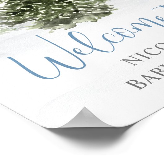 Waterverf Winterbos Blauw Baby shower Welkom Poster (Hoek)