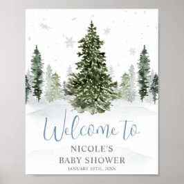 Waterverf Winterbos Blauw Baby shower Welkom Poster