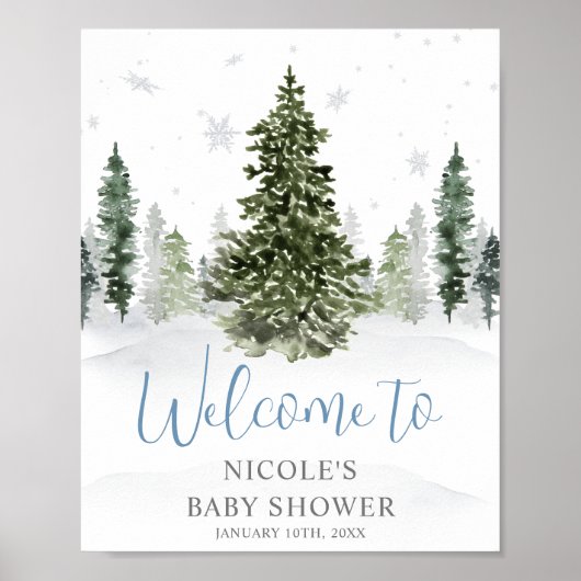 Waterverf Winterbos Blauw Baby shower Welkom Poster (Voorkant)