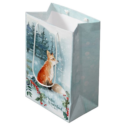 Waterverf winterbos, feestdag met kerstmis medium cadeauzakje (Voorkant Gekanteld)