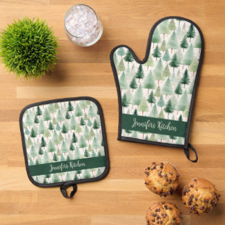Waterverf Winterbos gepersonaliseerd Ovenwant & Pannenlap Set