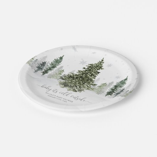 Waterverf Winterbos grijs Baby shower Papieren Bordje (Gekanteld)