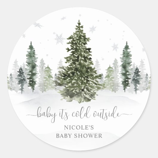 Waterverf Winterbos grijs Baby shower Ronde Sticker (Voorkant)