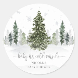Waterverf Winterbos grijs Baby shower Ronde Sticker