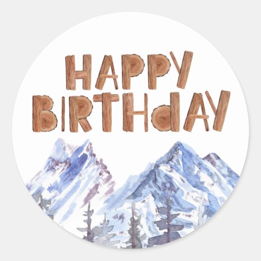 Waterverf Winterbos "Happy Birthday" Ronde Sticker (Voorkant)