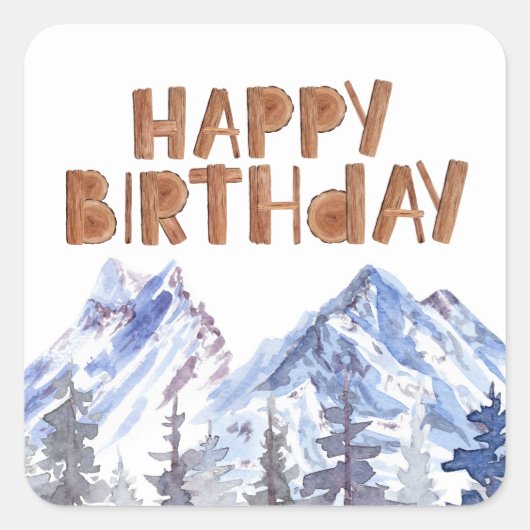 Waterverf Winterbos "Happy Birthday" Vierkante Sticker (Voorkant)