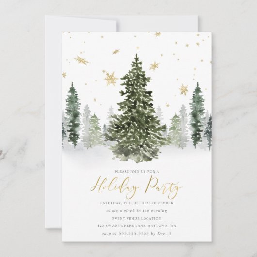 Waterverf Winterbos Vakantie Party Gold Kaart (Voorkant)