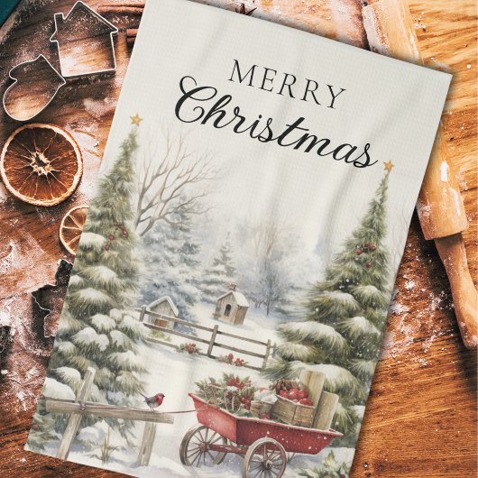 Waterverf winterbosbomen vrolijk kerstfeest theedoek