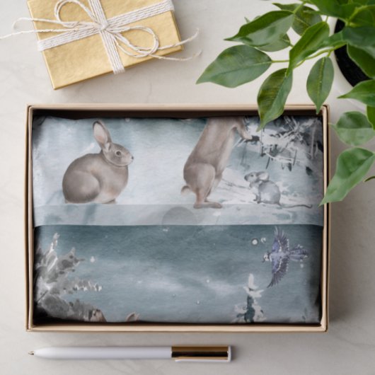 Waterverf winterdeer en konijnenlandschap tissuepapier (Geschenk)