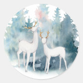 Waterverf winterdeer en oliage bruiloft ronde sticker (Voorkant)