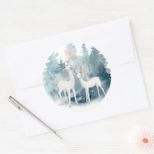 Waterverf winterdeer en oliage bruiloft ronde sticker