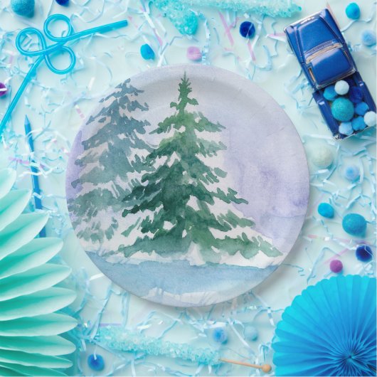 Waterverf winterdenbomen papieren bordje (Feest)