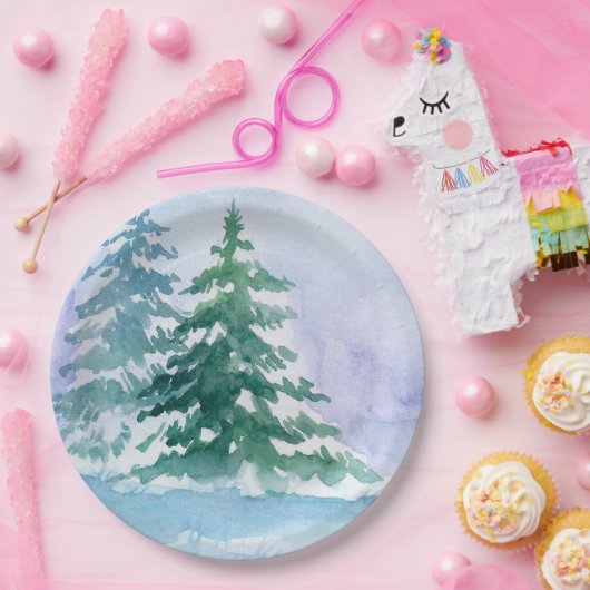 Waterverf winterdenbomen papieren bordje (Feest)