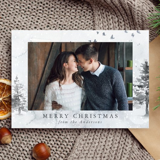 Waterverf Winterdennenbomen Foto Feestdagenkaart