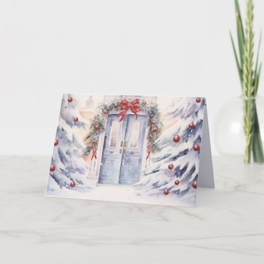 Waterverf winterdeur met kerstversieringen feestdagen kaart (Voorkant)