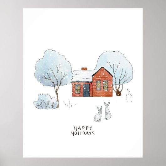 Waterverf Winterdieren en Huis Poster (Voorkant)