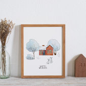 Waterverf Winterdieren en Huis Poster