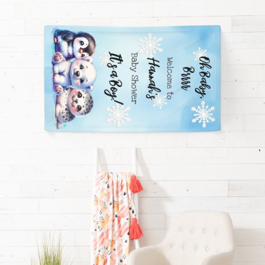 Waterverf Winterdieren Polar Baby shower Spandoek (Insitu)