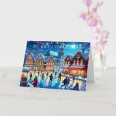 Waterverf Winterdorp Schaatsen Kerst Folie Feestdagenkaart (Orchidee)